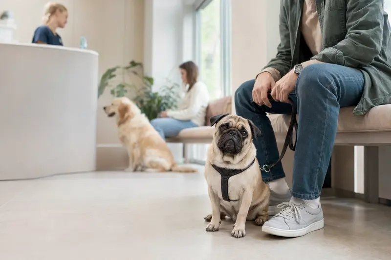 Ein Mops sitzt ruhig neben seinem Besitzer im hellen Wartezimmer einer modernen Tierarztpraxis.